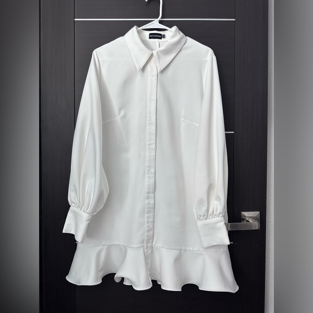 Pretty Little Thing button up long sleeve ruffled bottom white dress